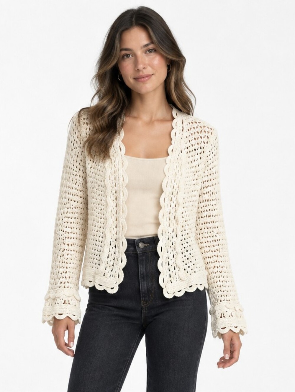Knitted & Knotted Cream Crochet Open-Front Women's Sweater Cardigan